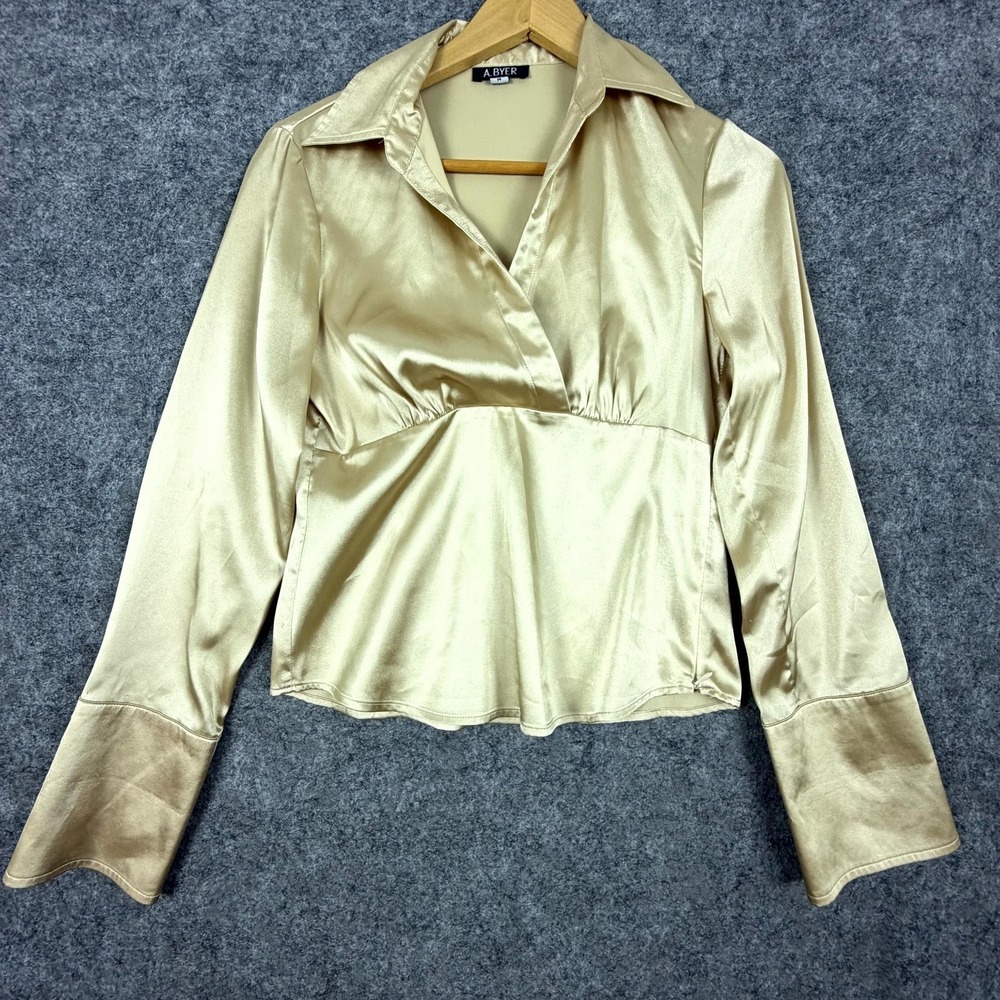 A.‎ Byer Blouse Top Womens Medium Gold Office Chic Satin Babydoll Long Sleeve